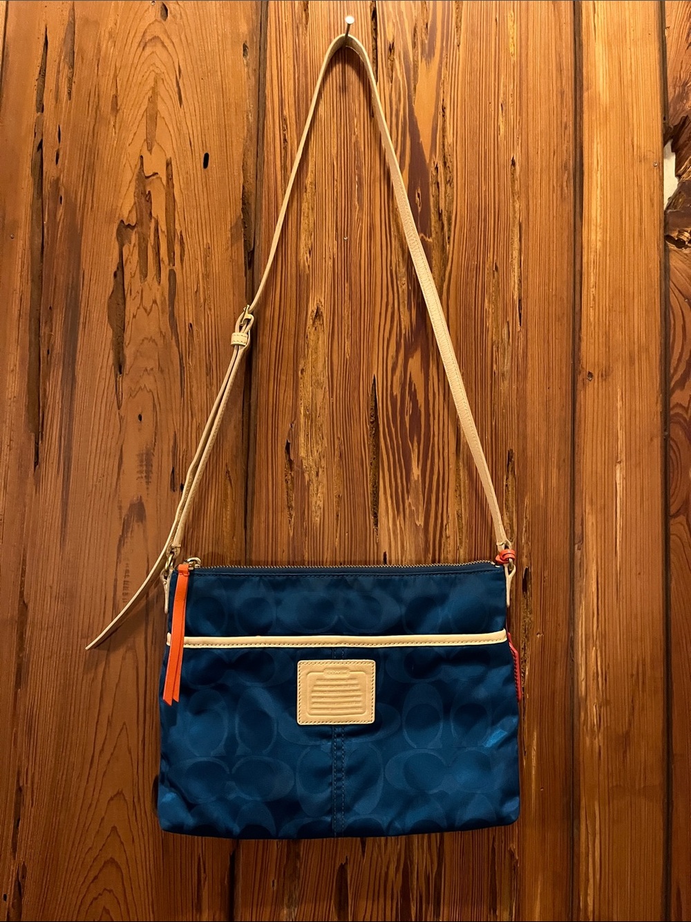 Coach Blue Nylon Signature Crossbody with Cream Strap and Orange Accents